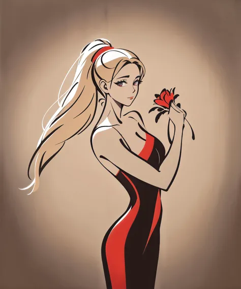 best quality,masterpiece,Vivid Colors,absurdres,1girl,medium breasts,(cowboy shot:1.5),profile,xxmixgirl,beautiful face,big eyes,looking at viewer,upper body,bright gaze,medium long shot,face toward viewer,ponytail,floating hair,reanching flowers,flower around,lineart dancer,<lora:Fisher_lineart dancer æ²çº¿èè
:0.9>,