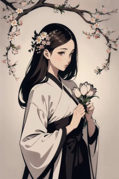 best quality,absurdres,masterpiece,1girl,(looking at viewer:1.3),(reaching:1.3),reanching flowers,solo,xxmingirl,profile,long hair,branch,peach bloom,hanfu,dress,long sleeves,white dress,lips,black hair,brown hair,see-through,flower,parted lips,upper body,lineart dancer,<lora:Fisher_lineart dancer æ²çº¿èè
:0.8>,