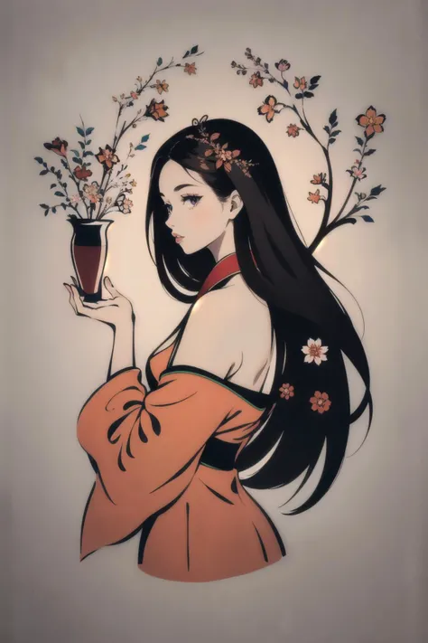 best quality,absurdres,masterpiece,1girl,(looking at viewer:1.3),(reaching:1.3),reanching flowers,solo,xxmingirl,profile,long hair,branch,peach bloom,hanfu,dress,long sleeves,white dress,lips,black hair,brown hair,see-through,flower,parted lips,upper body,lineart dancer,<lora:Fisher_lineart dancer æ²çº¿èè
:0.8>,