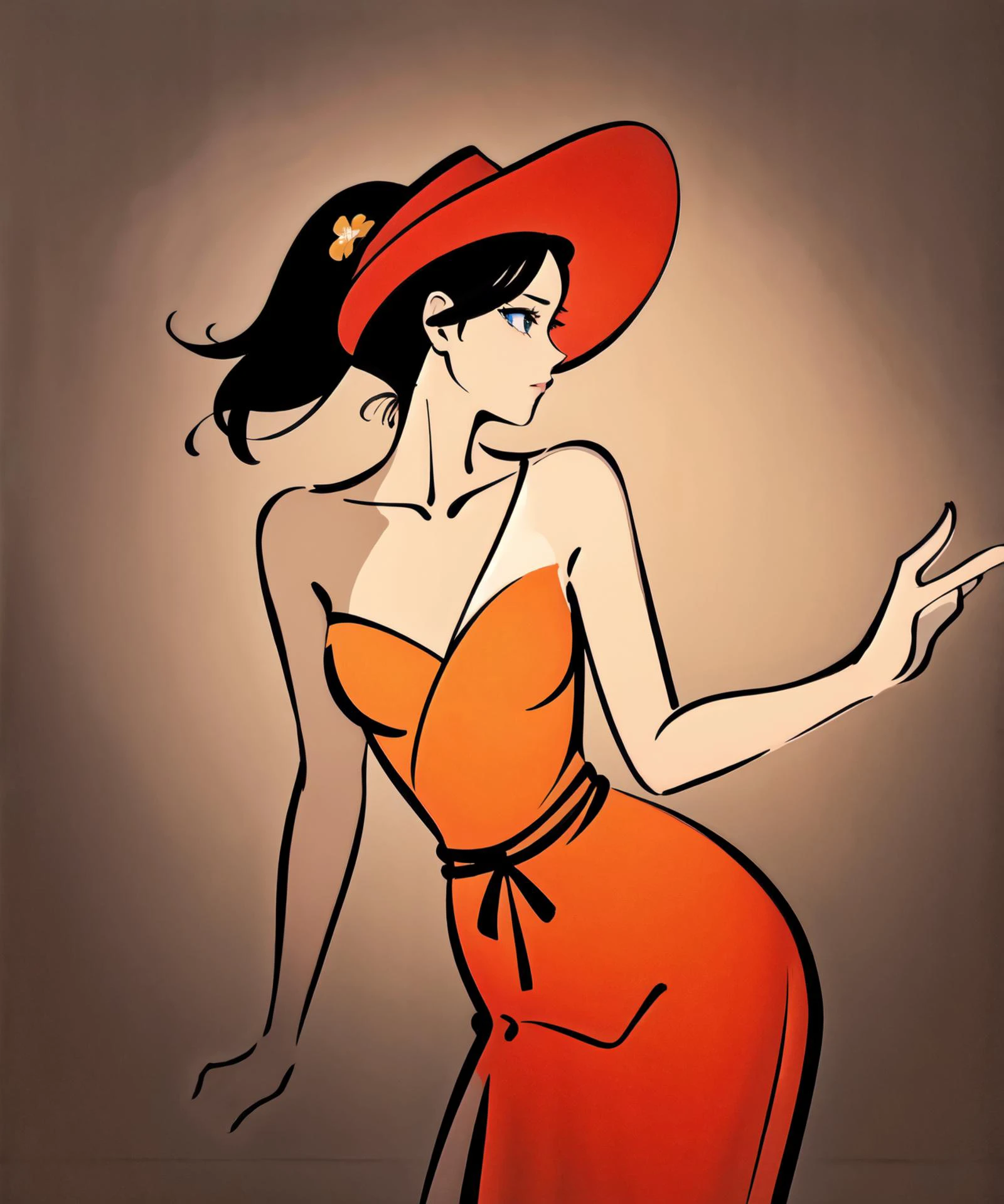 best quality,masterpiece,Vivid Colors,absurdres,1girl,medium breasts,(cowboy shot:1.5),profile,xxmixgirl,beautiful face,big eyes,looking at viewer,upper body,bright gaze,medium long shot,face toward viewer,ponytail,floating hair,reanching flowers,flower around,lineart dancer,<lora:Fisher_lineart dancer æ²çº¿èè
:0.9>,