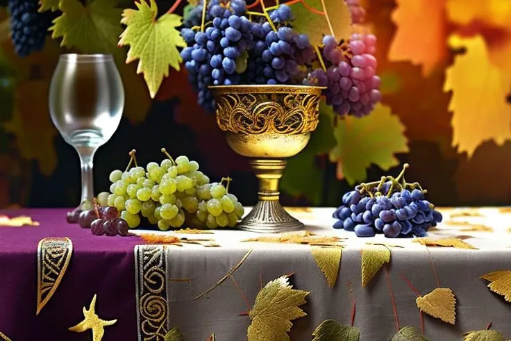 an antique table draped with a patterned tablecloth with gold and silver embroidery. There is a beautiful silver runic dagger on the table, (goblet on the table), next to it is a bunch of (grapes made of ruby). There are several golden autumn leaves on this table. (OverallDetail, cloud,colorful, starry,stars)