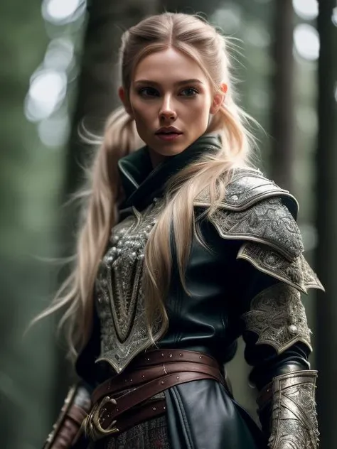 full body, walking pose, slow motion, (rogue thief:1.2) female wearing full body multiple stitched layer (leather armor:1.2), (white silk cloak), (fabric with intricate pattern:1.2), (insanely detailed, bloom:1.5), (highest quality, Alessandro Casagrande, Greg Rutkowski, Sally Mann, concept art, 4k), (analog:1.2), (high sharpness), (detailed pupils:1.1), (painting:1.1), (digital painting:1.1), detailed face and eyes, Masterpiece, best quality, (highly detailed photo:1.1), 8k, photorealistic, (long dark blonde Hair, ponytail haircut, ecstatic:1.1), (young woman:1.1), By jeremy mann, by sandra chevrier, by maciej kuciara, sharp, (perfect body:1.1), realistic, real shadow, 3d, (forest background:1.2), (by Michelangelo)