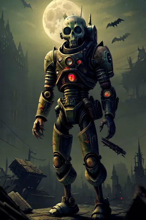 destroyed city background, posing, reference sheet, highres:1.4, vamptech, <lora:halloweentech-20:0.8>, moon cheerful, poster:1.0, victo ngai, doll, nagative space:0.8, film grains, acne, ankha