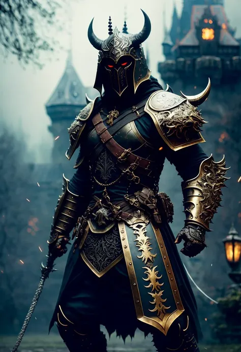 beautiful (swedish:1.3) , Full body armor made of demon (demon armor:1.3), 1 man, (insanely detailed:1.5), light particle, (mist on the floor:1.3), ((solo)),
(highest quality, Alessandro Casagrande, Greg Rutkowski, Sally Mann, concept art, 4k), (colorful), (high sharpness), ((detailed pupils)), red
eyes, ((painting:1.1)), (digital painting:1.1), detailed face and eyes,Masterpiece, best quality, highly detailed photo:1, 8k, detailed
face,photorealistic, dark and gloomy, fog, thunder background, By jeremy mann, by sandra chevrier, by maciej kuciara,((male demon)), sharp, ((perfect
body)), realistic, real shadow, 3d, ((squatting warrior)), ((dark and gloomy castle background:1.3)),  thunder sky, thunder, (by Michelangelo), king pose:1,1, side view:1,1