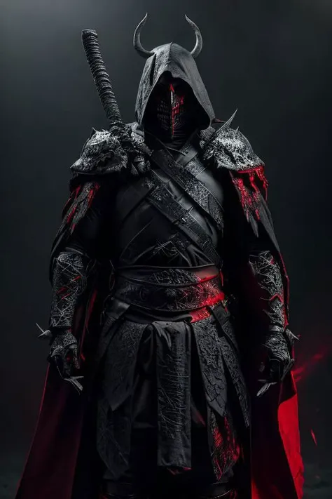 full body warrior of darkness in black cloth armor clad in shadow dark mist has red eyes with a thing red mist running from the side of his eyes upwards masked face wielding a stylized katana angrey look blood stained cape right shoulder on black fire hyper realistic