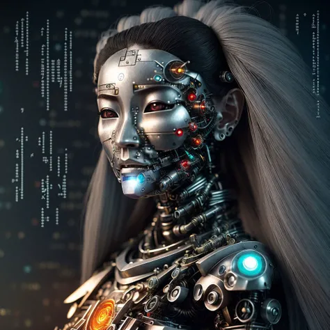 a ((cyborg)) samurai woman. dripping with glitched pixels and equations. ((circuits)) engraved in skin. wavy hair. ((mathematics)). ADDCOMM
(ghostly grey). eerie moonlight. moon. occult symbology. astral projections.