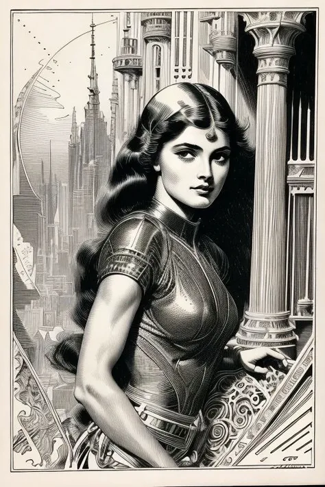 Sci-fi, 1girl, illustration by Roy Krenkel, extremely detailed, intricate background details, close-up, beauty, clean ink lines, fine details, crosshatching shadows, etching