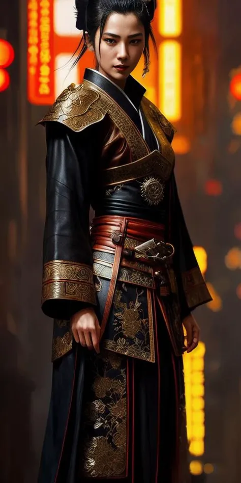full body shot photo of the most beautiful artwork in the world featuring one woman samurai (edo era:1.1) wearing multiple layers (leather armor:1.1), urban tokyo futuristic look, neon lights, night, slow motion, reflections, orange raincoat, intricate detail, nostalgia, high boots, heart professional majestic oil painting by Ed Binkley, Atey Ghailan, Studio Ghibli, by Jeremy Mann, Gregory Manchess, Antonio Moro, trending on ArtStation, trending on CGSociety, Intricate, High Detail, Sharp focus, dramatic, photorealistic painting art by midjourney and greg rutkowski