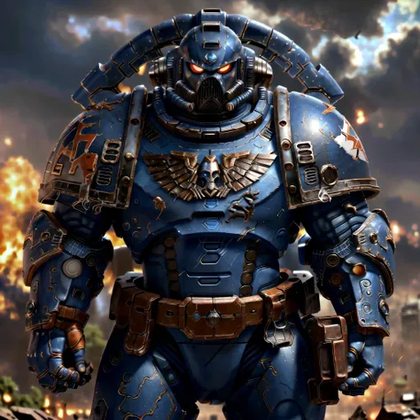 <lora:adventurers_v1:0.8><lora:warhammer40000AddonFor_wh40k:0.6> strong man, masterpiece, ultra marine,(Epic blue armor) (metal reflections), (face implants), hdr, best quality, uhd, 8k resolution, best light, realistic, detailed background, detailed face, detailed hands, full body, (epic warzone)(open field)(surrounded by fire), (alien planet), (giant spaceships flying)