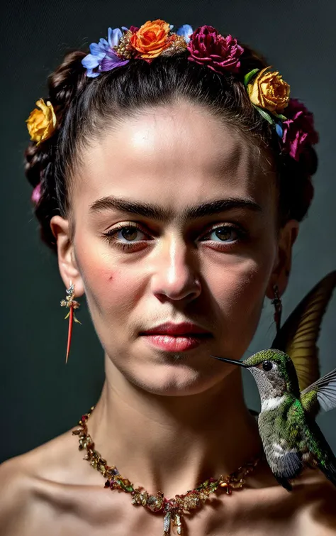 (masterpiece) (Fuji film) painting of Frida Kahlo - Self Portrait with Thorn Necklace and Hummingbird, 1940 (narrow waist:1.1) (heavenly) (goddess with detailed eyes:1.2), (detailed face) (hyperrealistic oil painting:0.77), 4k, very detailed faces, volumetric lighting dynamic lighting, Rembrandt lighting, <lora:more_details:1> dlsr, highres, high resolution, intricately detailed nsfw sexy naughty