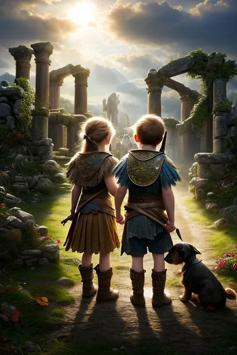 Masterpiece, closeup, hd, 8K, Fantasy art, award winning drawing of a two kids and a dog  entering in a harvest festival, rugged clothes, ancient ruins in backround back view, intricate details,