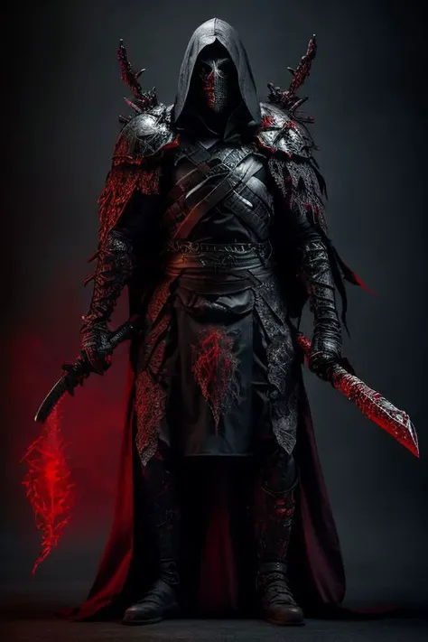 full body warrior of darkness in black cloth armor clad in shadow dark mist has red eyes with a thing red mist running from the side of his eyes upwards masked face wielding a stylized katana angrey look blood stained cape right shoulder on black fire hyper realistic