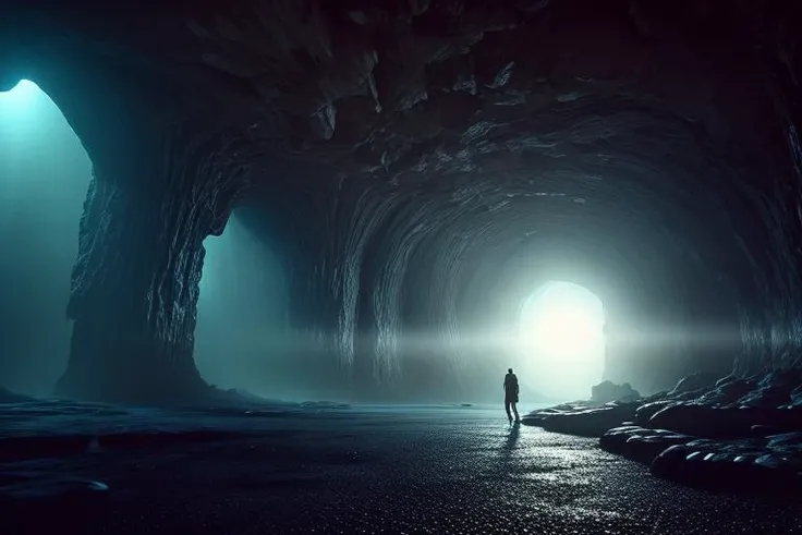 cinematic photo <lora:sd15_lcm_lora:1>,The gateway between one world and the next. A wide high tesh cityscape is visible from the entrance,We are standing at the entrance to the cave,The current world is a dark cave that opens up on a shining new world,This new world is a beautiful bright high tech future. A shining city of the future,high resolution,highly detailed,absurdres,realistic,photograph, . 35mm photograph, film, bokeh, professional, 4k, highly detailed
