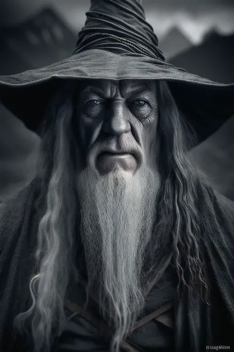 LOTR style Hyperrealistic portrait of scary angry evil wizard Gandalf Darkness Black, Ian McKellen, conical hat, black Mordor mountains in background, noir, sharp, award winning photo, maximum details, 80mm lens photo, 16k