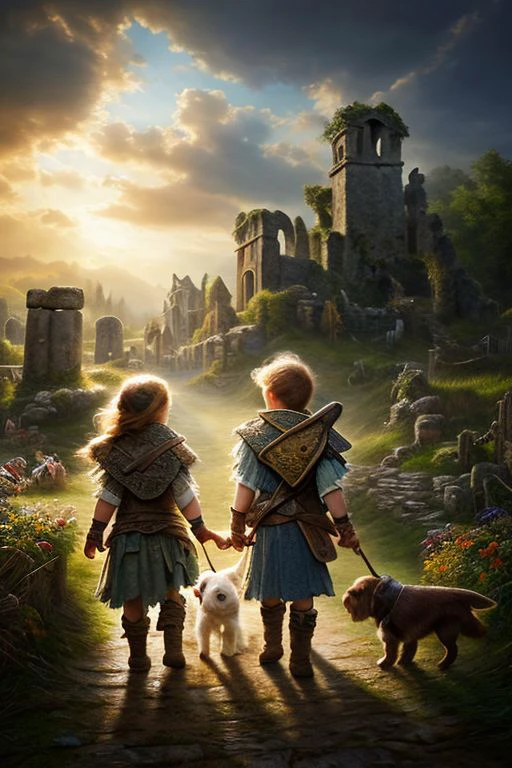 Masterpiece, closeup, hd, 8K, Fantasy art, award winning drawing of a two and a dog entering in a harvest festival, rugged clothes, ancient ruins in backround back view, intricate details,