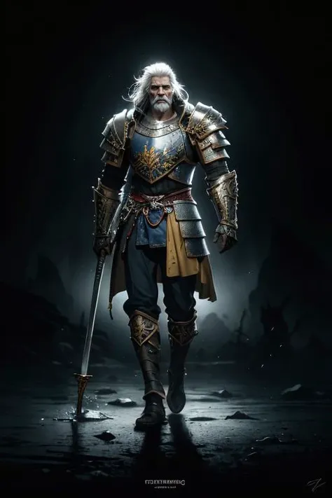 1man,((a man)),((masculinity)),anatomical photorealistic digital painting portrait of a (old male:1.3) human (warrior:1.3) in black and gold intricate (heavy armor:1.3) in a (dark and moody universe:1.3),A (full body:1.3) shot at 8k resolution,splash art,fantastic comic book style,photorealistic,intense look,light particle,very detailed skin,samurai,very detailed eyes,(elden ring style:1.3),(warhammer style:1.1),concept artist,global illumination,depth of field,splash art,art by artgerm and greg rutkowski and viktoria gavrilenko,fluid photography,gothcore,rudolph belarski,close - up,carl holsoe,8k resolution,