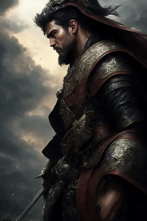 photo of the most beautiful artwork in the world featuring soft lustrous male hero, ((epic heroic fantasy muscular men rugged wet wounded hero angry looking with long hair and long beard and fierce looking in a dynamic posture dying on the floor, fantastic location, majestic cluttered environment)), full body 8k unity render, action shot, skin pores, very dark lighting, heavy shadows, detailed, detailed face, (vibrant, photo realistic, realistic, dramatic, dark, sharp focus, 8k), (weathered damaged old worn leather outfit:1.4), (intricate:1.4), decadent, (highly detailed:1.4), digital painting, octane render, artstation, concept art, smooth, sharp focus, illustration, art by artgerm, (loish:0.23), wlop ilya kuvshinov, and greg rutkowski and alphonse mucha gracias, (global illumination, dramatic light, volumetric light), particles floating, cloudy sky, <lora:LowRA:0.3>, round shield, sword, Male samurai (edo era:1.1)
