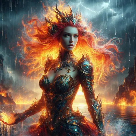 woman super heroine in action pose, the goddess of the 4 elements, fire hair, elemental armor, raining with lightnings and fire background, digital art, 4k, masterpiece
