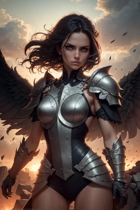Generate a photorealistic image ((best quality)), ((masterpiece)), ((realistic))  in the style of [Luis Royo], [Boris Vallejo], [Frank Frazetta] of [warrior woman] [riding winged creature] through [a desolate wasteland]. The woman is dressed in [worn leather armor]. [Her hair flows wildly] behind her, and she has [a look of bold warrior] in her eyes. The armor she wears is [a mix of leather and metal], with [dents and scratches] that serve as [a testament to the battles she has fought and won]. She wears [a long cloak] that billows behind her as she charges forward. The woman's face is [heart shaped], [delicately proportioned], with a [petite and narrow nose, with a slight upturn at the tip] and [high cheekbones], [narrow jaw]. [full pouty lips] with [dense delicate freckles] and should be [detailed] and [realistic], with [high-resolution] features. Her eyes have [black eyeliner] and [black eyeshadow] Her hair should be [ginger], cut in a [messy, layered style] that falls just above her shoulders. The woman should have a [slim, skinny figure], [very short hair], [narrow hips], [narrow shoulders], [very small breasts], and [slim thighs] with defined [hip bones]. 
The [reptilian creature] she rides has [symmetrical wings] that are [massive], with [leathery membranes] that stretch between [long, spindly fingers]. Its body is covered and its eyes [glow with an otherworldly intensity].
In the background, the ruins of [an ancient city] can be seen. The sky is [dark], with [flashes of lightning] illuminating the clouds, as if [a storm is brewing]. 
The [color palette] for this image would be [dark and moody], with [deep shades of red, black, and brown] dominating the scene overall [gritty and raw feel] of the piece. Details such as [the scratches and dents in the armor], [the individual strands of hair blowing in the wind], and [the intricate scales of the beast] would be [carefully crafted] to add [depth and dimension] to the image.