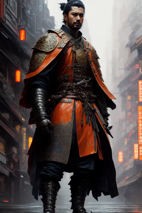 full body shot photo of the most beautiful artwork in the
world featuring a male samurai (edo era:1.1) wearing
multiple layers (leather armor:1.1), urban
tokyo futuristic look, neon lights, night, slow motion,
reflections, orange raincoat, intricate detail, nostalgia, high
boots, heart professional majestic oil painting by Ed Binkley,
Atey Ghailan, Studio Ghibli, by Jeremy Mann, Gregory
Manchess, Antonio Moro, trending on ArtStation, trending on
CGSociety, Intricate, High Detail, Sharp focus, dramatic,
photorealistic painting art by midjourney and greg rutkowski