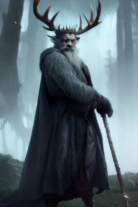 close-up head, facing camera, realistic digital painting portrait of a male humanoid deer, (Dungeon and Dragon:1.3), magical dark and green universe, grey fur, (long grey cloth robe:1.2), (long beard:1.5), (magic staff:1.5), (crown:1.5),(abstract background:1.2), (light particle:1.1), (game concept:1.3), (elden
ring style:1.3), (arcane style:0.8), (depth of field:1.3), global illumination, art by hoang lap and fuji choko and artgerm
and greg rutkowski and viktoria gavrilenko