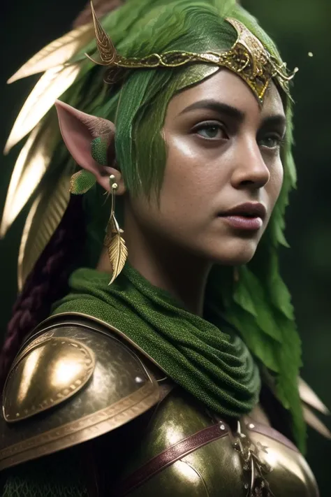 (Digital Artwork:1.3) of (Ultra detailed:1.3),(Energetic:1.3)
facing camera, realistic digital painting of a beautiful young female elf with (green skin and green ears:1.3) and intricate small leaves on her head, detailed skin, detailed leaves, magic leather armor with red and yellow runic inlays
Highly Detailed
intricate details, (forrest background:1.2), (light particle:1.1), (very detailed skin:1.2), (game concept:1.3), dungeons and dragons, (depth of field:1.3), global illumination