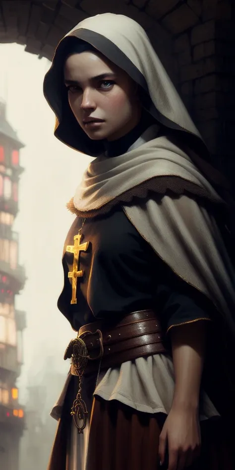 portrait of a beautiful women, big breasts, ((nun)), modelshoot style, (extremely detailed CG unity 8k wallpaper), full shot body photo of the most beautiful artwork in the world, professional majestic oil painting by Ed Blinkey, Atey Ghailan, Studio Ghibli, by Jeremy Mann, Greg Manchess, Antonio Moro, trending on ArtStation, trending on CGSociety, Intricate, High Detail, Sharp focus, dramatic, photorealistic painting art by midjourney and greg rutkowski