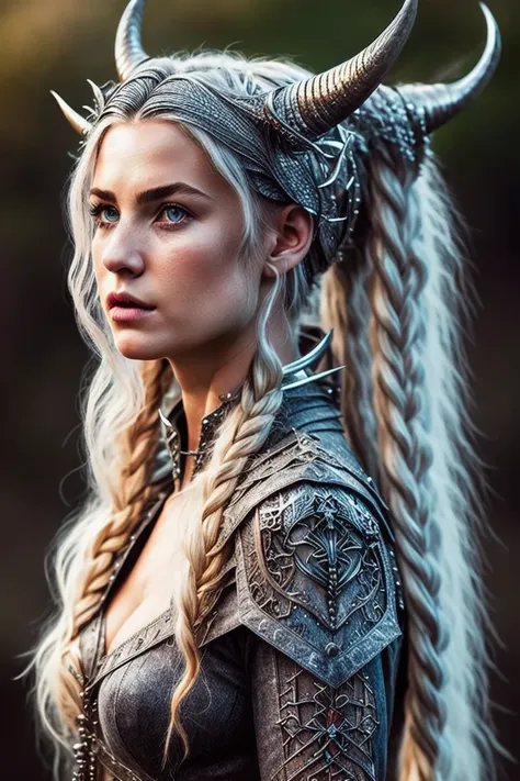 face, 1woman, portrait, sideface, upper_body, blue_eyes, dress, long_hair, blonde_hair, looking_to_the_side, pink_lips, silver_hair, solo, two black horns, ((long_horns)), big_breasts, cleavage, horns, horns on her head, fierce, middle-aged, outdoors, lot of details, realistic, photo_\(medium\), photorealistic, (ultra-detailed:1.2), detailed_light, HDR, extremely_detailed, ponytail_hairstyle, sharp focus, medieval era, side_turned, pointed_ears, high long silver horns bent backwards