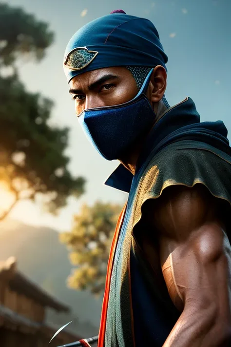 masterpiece, artstation, best quality, 8k, ultrarealistic, digital art, illustration of (beautiful:1.2) ninja man, slim, athletic, in village, ambient light, backlight, volumetric lighting, realistic, realistic lighting, cinematic lighting, depth of field, sharp focus