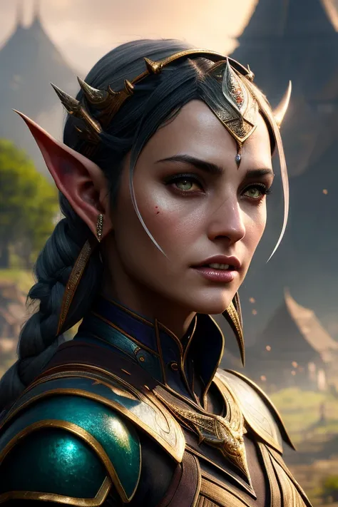 masterpiece, best quality, cgsociety, artstation, 8k, raw photo of (beautiful:1.2) dark elf woman, grey skin, pointy ears, perfect eyes, in a fantasy village, full body, d&d style, ambient light, backlight, volumetric lighting, realistic, realistic lighting, cinematic lighting, depth of field, sharp focus, (high contrast:1.2), (film grain)