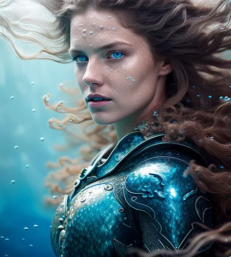 realistic full shot of a woman, tough, open mouth, blue eyes, (swim pose), ((deep sea, caustics, underwater)), dark blue ambience, coral, water bubble, highly detailed,  engraved white glowing armor, windy long hair, fantasy universe, mysty, foggy, depth of field, photo realistic, nostalgia by  greg rutkowski,