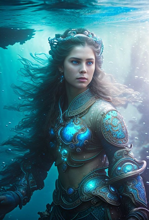 A woman in armor standing under water with a sword - SeaArt AI