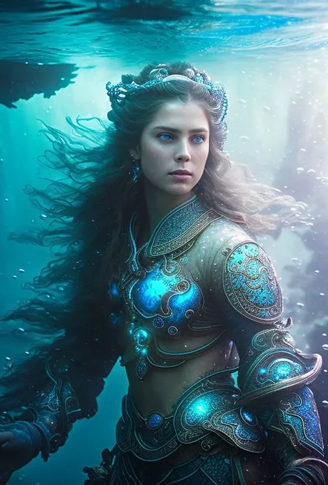 award winning photo of a woman, tough, blue eyes, ((deep sea, caustics, underwater)), dark blue ambience, coral reef background, water bubble, highly detailed, engraved white glowing armor, headgears, windy long hair, fantasy universe, mysty, foggy, depth of field, photo realistic, nostalgia by greg rutkowski,