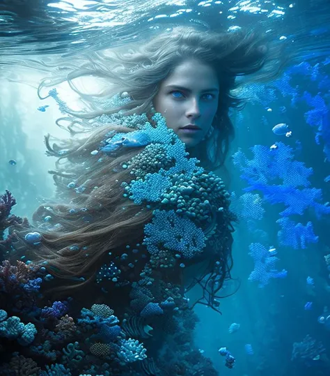 award winning photo of a woman, tough, blue eyes, ((deep sea, caustics, underwater)), dark blue ambience, coral reef, water bubble, highly detailed, engraved white glowing armor, headgears, windy long hair, fantasy universe, mysty, foggy, depth of field, photo realistic, nostalgia by greg rutkowski,