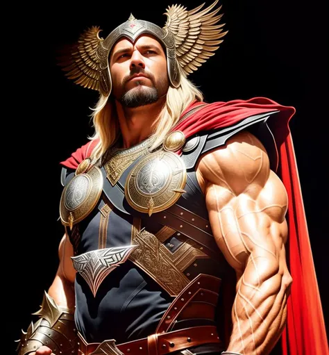 a portrait,  of a muscular 40 years old man with a thor hammer and engraved armor on his chest, latex clothes 
and wings on his helmet, veins on his arm, bearded, Intricate, High Detail, Sharp focus, dramatic, photorealistic painting art by greg rutkowski