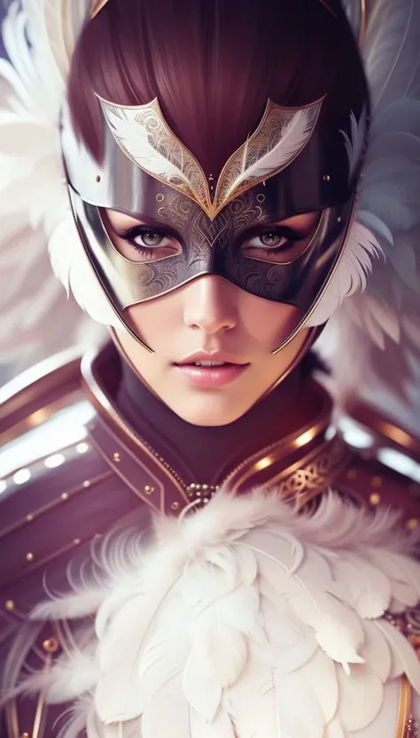 a woman wearing a mask and feathers on her head and a feathered cape on her head, with a feathered cape on her head, Artgerm, epic fantasy character art, a photorealistic painting, fantasy art