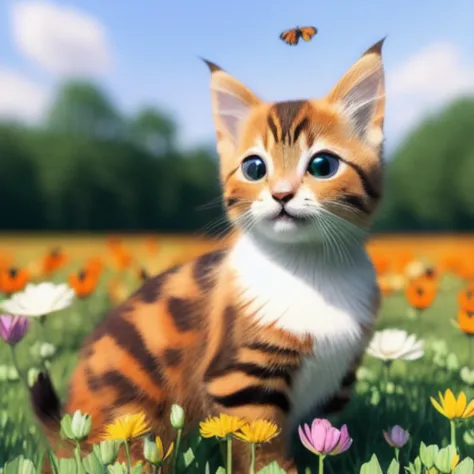 a cute adorable ((cat)) sitting in a field of clover watching a monarch (butterfly), kitten, springtime, by alphonse mucha and artgerm, unreal engine,(Highly Detailed, HD), high octane, 8k, high res, dramatic lighting, sharp focus, depth of field, masterpiece, best quality, 3d, photorealistic, high quality textures