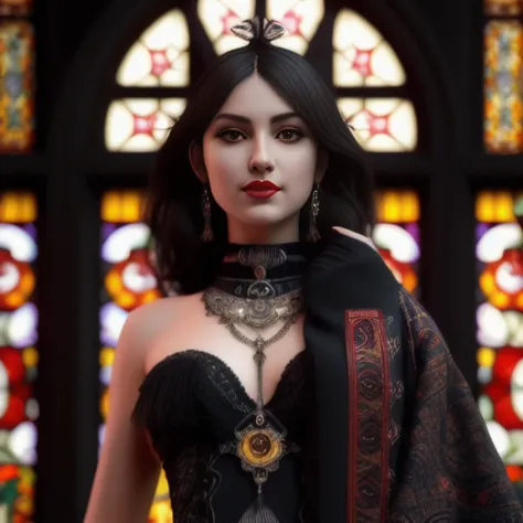 (((Full Body View))), (Highly Detailed, HD), high octane, 8k, high res, Beautiful, Stunning, Character, dramatic lighting, young adult, woman, feminine features, sexy pose, seductive expression, (smile), (demon), wearing a lowcut revealing black silk dress, interior, stained glass window, red lipstick, by alphonse mucha and artgerm, (realistic face), sharp focus, depth of field, (Symmetrical Detailed Eyes), masterpiece, best quality, 3d, photorealistic, high quality textures
