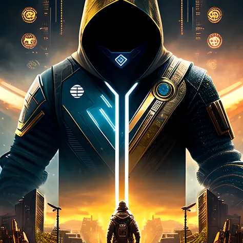 poster with young hero in hood, standing in the center of the design, determined look on his face, holding a small device in his hand that resembles a time machine, behind the image is split into two halves on the left a dystopian future cityscape with robots and destruction everywhere, on the right a peaceful, idyllic countryside, the two halves are connected by a line that starts at young hero device and forms a spiral, symbolizing the idea of time travel., the background is filled with futuristic symbols and patterns,