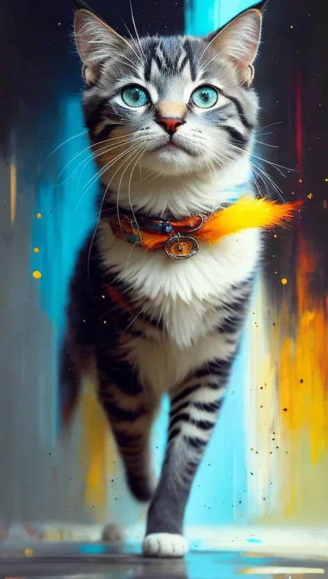 (saturation), full body, walking pose, slow motion,  funny happy very cute little kitten, jumping, playing, movement, Alessandro Casagrande, Greg Rutkowski, Sally Mann, concept art, 4k), (colorful), (high sharpness), ((detailed pupils)), blue
eyes, ((painting:1.1)), (digital painting:1.1), detailed face and eyes, Masterpiece, best quality, highly detailed photo:1, 8k, detailed
face, photorealistic, By jeremy mann, by sandra chevrier, by maciej kuciara
