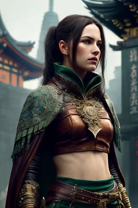full body, walking pose, slow motion, (rogue thief:1.2) female wearing full body multiple stitched layer (leather armor:1.2),
(dark green silk cloak), (fabric with intricate pattern:1.2), (insanely detailed, bloom:1.5), (highest quality, Alessandro Casagrande,
Greg Rutkowski, Sally Mann, concept art, 4k), (analog:1.2), (high sharpness), (detailed pupils:1.1), (painting:1.1), (digital
painting:1.1), detailed face and eyes, Masterpiece, best quality, (highly detailed photo:1.1), 8k, photorealistic, (long dark red
Hair, ponytail haircut, ecstatic:1.1), (young woman:1.1), By jeremy mann, by sandra chevrier, by maciej kuciara, sharp, (perfect
body:1.1), realistic, real shadow, 3d, (asian temple background:1.2), (by Michelangelo)