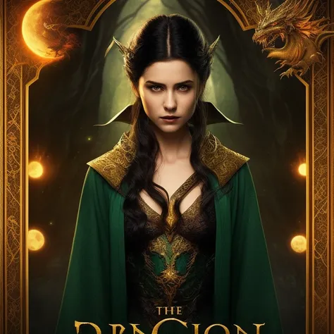 a poster for the dark fantasy TV show "Dragon is gone". The poster should feature in the center a confident and mysterious young woman in her late twenties with long, dark hair and piercing green eyes. She is dressed in a dark, flowing robe with intricate gold trim, befitting her status as a powerful sorcerer. In the background, there should be a fantastical landscape with mythical creatures and a full moon, emphasizing the magical and mysterious world that wonen's inhabits. The poster should have a dark and mysterious tone, with a color palette of greens, golds, and black to match woman's hair, eyes, and clothing.