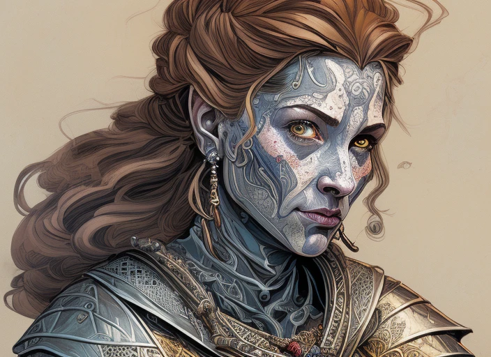 Bird's Eye View detailed ((dnd knight middle aged woman portrait)), happy, HD, (oil painting:1.1), (comic book art style:1.5),(inked outline:1.3), Stunning, Character, Portrait, (((Looking Sideways))), angular features, (darkbrown Braids Hair), (muted natural colors:1.3) in painterly style by Thierry Doizon , splash art
