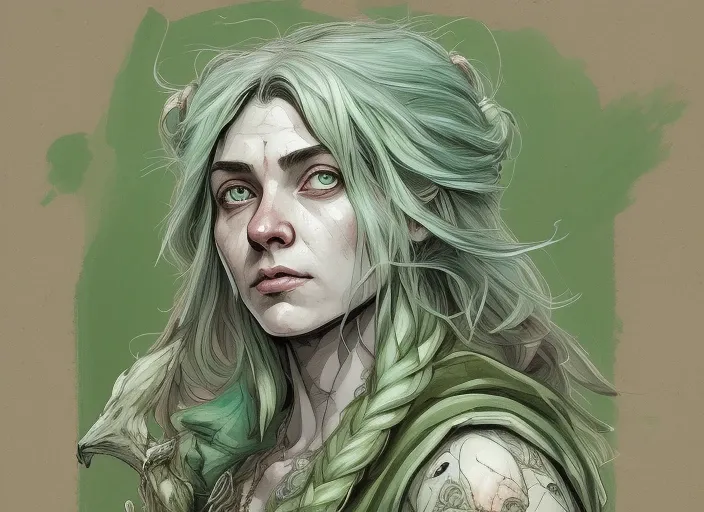 Bird's Eye View  detailed ((dnd destitute   woman  portrait)), interested, HD, (oil painting:1.1), (comic book art style:1.5),(inked outline:1.3), Stunning, Character, Portrait, (((Looking Sideways))), angular features, ( green Medium Length Layers Hair),  (muted natural colors:1.3) in painterly style  , splash art