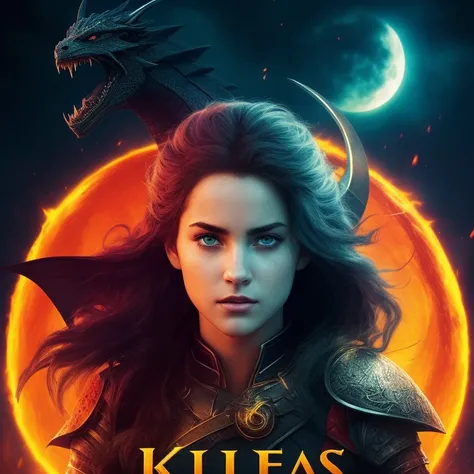 a poster for the dark fantasy "Kiera's Rebellion". The poster should feature the main character, Kiera, in the center, with a fierce and determined look on her face. Kiera is a young woman in her early twenties with short, black hair and piercing blue eyes. She is dressed in practical, battle-worn armor with a sword at her side, ready to fight against the dragon overlords. In the background, there should be a silhouette of a dragon in the sky, with a city in flames and a full moon, emphasizing the oppressive rule of the dragons and the danger that Kiera faces. The poster should have a dark and action-packed tone, with a color palette of blacks, blues, and oranges to match Kiera's hair, eyes, and surroundings. The title of the movield be prominent, in bold, stylized lettering.