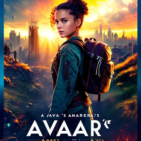 a poster for the post-apocalyptic fantasy TV show "Ava's Journey". The poster should feature the main character, Ava, in the center, with a look of determination and fear in her eyes. Ava is a young woman in her mid-twenties with curly brown hair and almond-shaped brown eyes. She is dressed in practical, weather-worn clothing with a backpack slung over one shoulder, ready for anything the world might throw at her. In the background, there should be a desolate and ruined cityscape, with a stormy sky overhead to emphasize the dangerous world that Ava must navigate. The poster should have a suspenseful and adventurous fantasy tone, with a color palette of browns, grays, and blues to match Ava's hair, eyes, and surroundings. The title of the show should be prominent, in bold, stylized lettering.