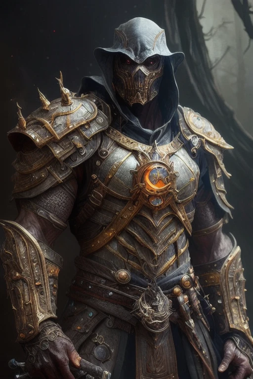 (Painting:1.3) of (Detailed illustration:1.3) A (full body:1.3) shot at 8k resolution, splash art, fantastic comic book style, photorealistic, intense look, anatomical photorealistic digital painting portrait of a (old male:1.3) human (warrior:1.3) in black and gold intricate (heavy armor:1.3) in a (dark and moody universe:1.3), light particle, very detailed skin,samurai, very detailed eyes, (elden ring style:1.3), (warhammer style:1.1), concept artist, global illumination, depth of field, splash art, art by artgerm and greg rutkowski and viktoria gavrilenko