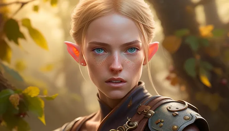 (Painting:1.1) of (Detailed illustration:1.1) A (full body:1.1) shot at 8k resolution, splash art, fantastic comic book style, photorealistic, intense look, detailed angry eyes, anatomical photorealistic digital painting portrait of a young female elf thief in torn (brown leather armor:1.1) in a in a (sinsister and creepy universe:1.1), lushy nature, berries, light particle, very detailed skin, very detailed eyes, (elden ring style:1.1), (baldur's gate style:1.1), concept artist, global illumination, depth of field, art by artgerm and greg rutkowski and viktoria gavrilenko, action shot, close-up, blonde hair, bare shoulders