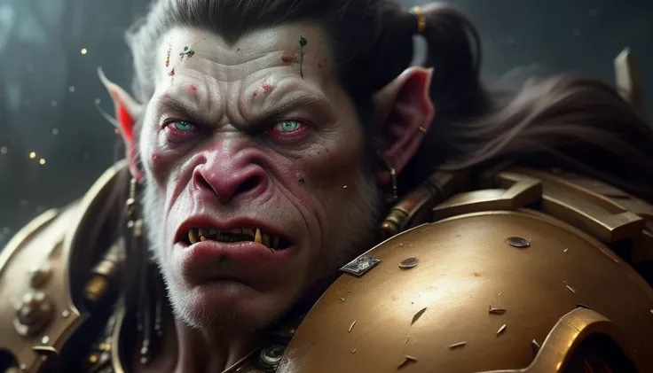 (Painting:1.1) of (Detailed illustration:1.1) A (full body:1.1) shot at 8k resolution, splash art, fantastic comic book style, photorealistic, intense look, detailed wild feral eyes, anatomical photorealistic digital painting portrait of a old male orc in black and gold intricate (heavy armor:1.1) in a (dark and moody universe:1.1), light particle, very detailed skin,samurai, very detailed eyes, (elden ring style:1.1), (warhammer style:1.1), concept artist, global illumination, depth of field, splash art, art by artgerm and greg rutkowski and viktoria gavrilenko, action shot, close-up, pale grey skin, pox scars, acne, (polished shimmering tusks:0.8)