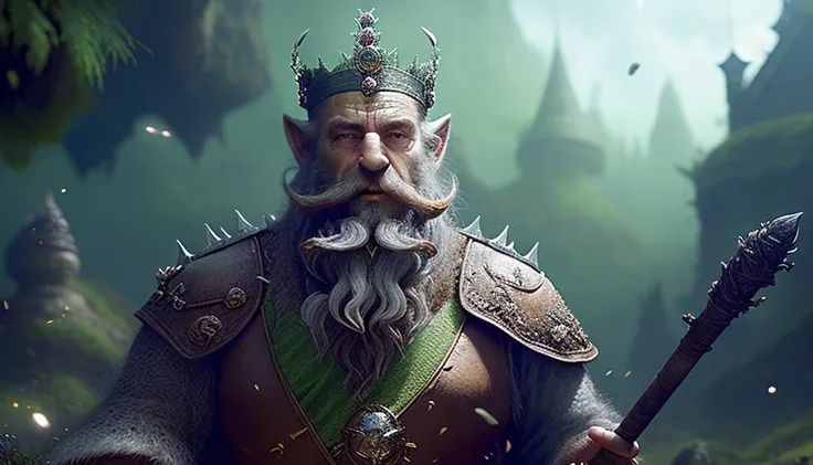 (close-up portrait) head, facing camera, realistic digital painting portrait of an male humanoid dwarven deer fighting, (Dungeon and Dragon:1.3), magical dark and green universe, grey fur, (long grey cloth robe:1.2), (long beard:1.5), (magic staff:1.5), (crown:1.5),(abstract background:1.2), baldur's gate castle background, (light particle:1.1), (game concept:1.3), (elden ring style:1.3), (arcane style:0.8), (depth of field:1.3), global illumination, art by hoang lap and fuji choko and artgerm and greg rutkowski and viktoria gavrilenko, action shot